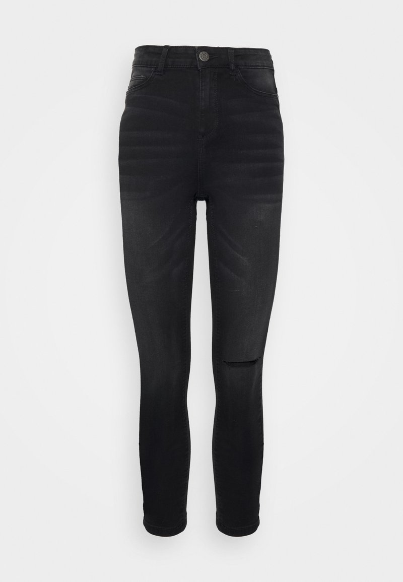 Jeans skinny pretos de cintura alta com um detalhe rasgado na perna esquerda, feitos de tecido de denim, com fecho de botão e cinco bolsos.