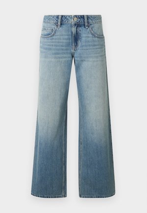 Jean large bleu clair avec une finition délavée, doté d'une fermeture à boutons, de cinq poches et de détails cousus le long des coutures.