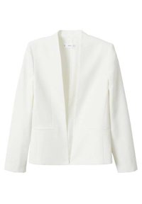 White blazer with a notched collar, open front, two side pockets, and smooth, textured fabric. Tailored fit with straight sleeves.