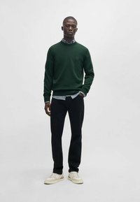 Grön crewneck-tröja, lagd över en ljusblå skjorta med krage, kombinerad med svarta byxor och krämfärgade sneakers. Enkel design, inga mönster.