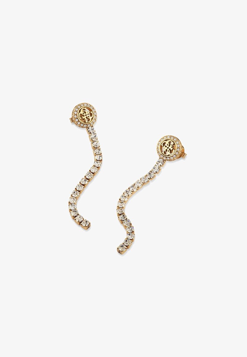 Goldene Ohrringe mit einem wellenförmigen Design, das eine Reihe klarer Kristalle und kreisförmige Edelsteinakzente an der Oberseite aufweist.