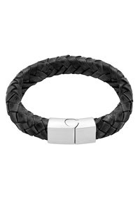 Bracciale in pelle intrecciata nera con chiusura in metallo argentato. Presenta un motivo testurizzato e una forma cilindrica per una vestibilità aderente.