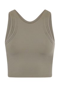 Gaismas olīvu zaļš sporta crop top, izgatavots no gludas auduma ar apaļu kakla izgriezumu un perforētām detaļām plecu daļā.
