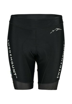 Schwarze, gepolsterte Radhose mit "Swedemount"-Markierung auf beiden Beinen und einem kleinen Berglogo auf der Vorderseite rechts.