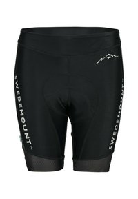 Shorts neri da ciclismo con area imbottita per il sedile, caratterizzati dal logo "SWEDEMOUNT" in bianco sui lati e dettagli neri testurizzati vicino all'orlo.