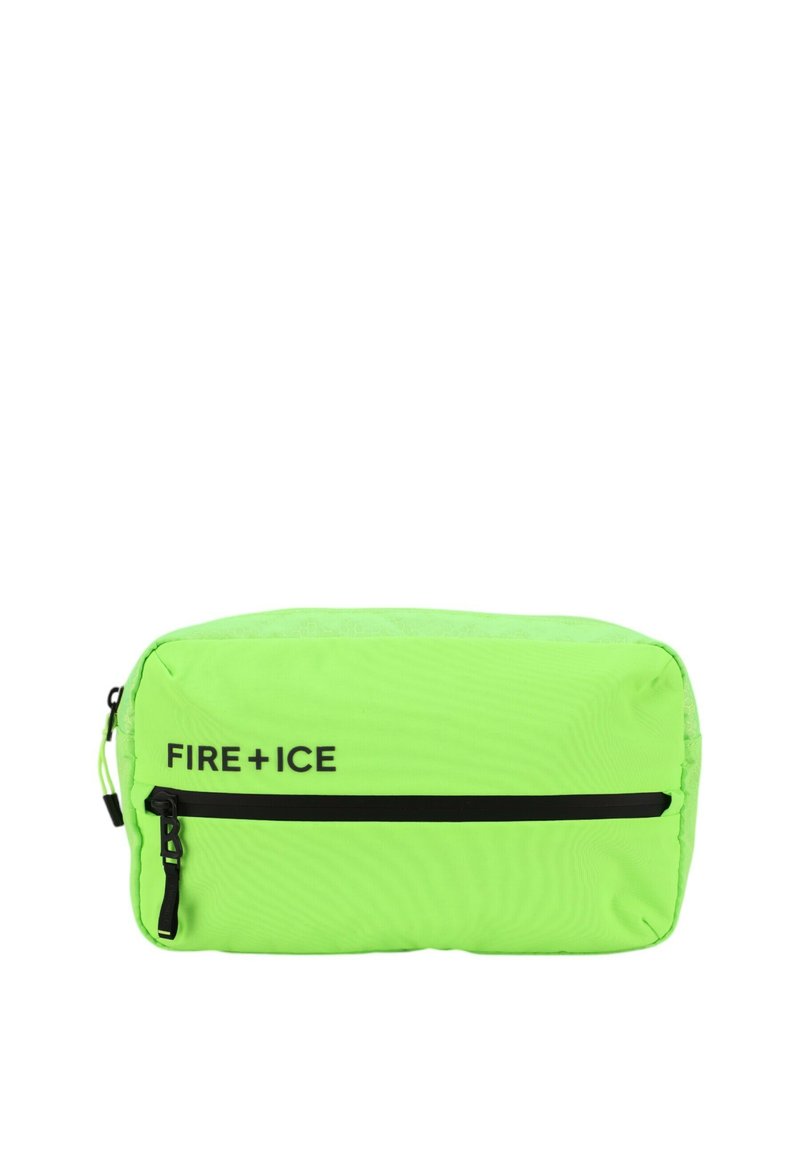 Neon groene pouch gemaakt van een gestructureerde stof, met een zwarte rits en het logo "FIRE + ICE" aan de zijkant gedrukt. Rechthoekige vorm.
