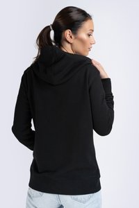 Black hooded sweatshirt made of soft material. Features a fitted design, ribbed cuffs, and hem. Visible stitching adds detail.