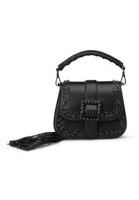 Zwarte leren handtas met decoratieve studs, een gevlochten handvat aan de bovenkant en een franjerand aan de onderkant. Rechthoekige vorm met een klepsluiting.
