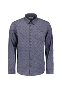 Langarmshirt van donkerblauwe stof met een ruitpatroon. Voorzien van een button-down kraag, een borstzak en zwarte knopen.