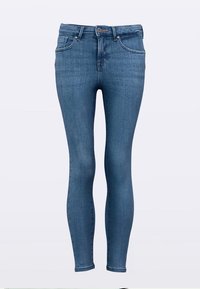 Tanek kavbojke iz srednje modrega jeansa, z klasičnim dizajnom s petimi žepi, šivi v isti barvi in zadrgo z gumbnim zapiranjem.