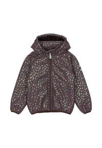 Paarse capuchonjas met een glanzende bloemenprint, ritssluiting, elastische manchetten en twee steekzakken aan de voorkant. Heeft een lichtgewicht, gladde textuur.