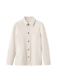 Chemise beige clair avec un col classique, cinq boutons sur le devant et une poche poitrine ; fabriquée en tissu doux et texturé.