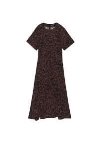 Braun geflecktes Kleid mit kurzen Ärmeln, Rundhalsausschnitt, gerafften Seitendetails und fließendem Rockdesign.