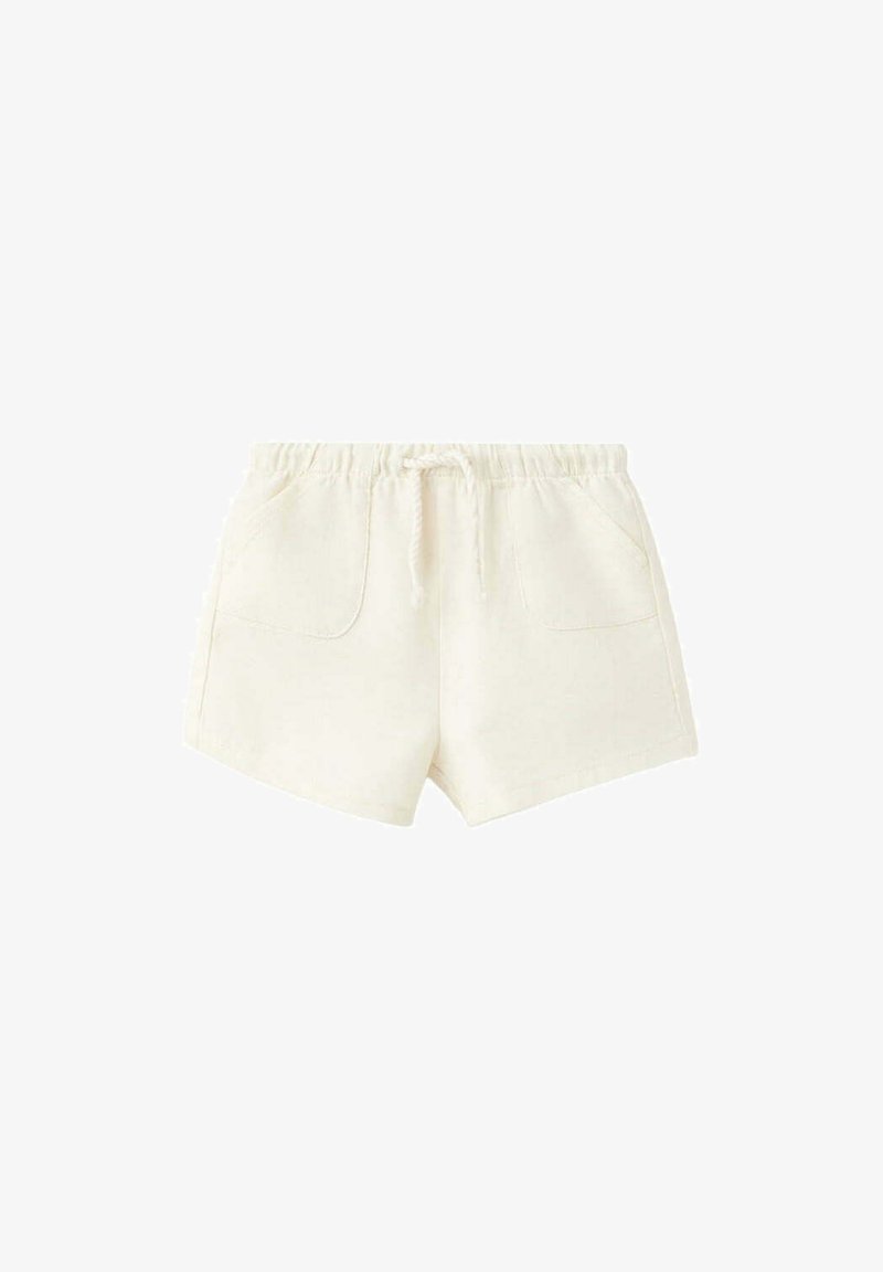 Shorts décontractés couleur crème avec taille élastique, cordon de serrage et deux poches avant.