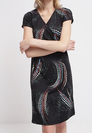 Black wrap dress featuring short sleeves and a colorful abstract pattern of red, blue, and white lines with a smooth texture.