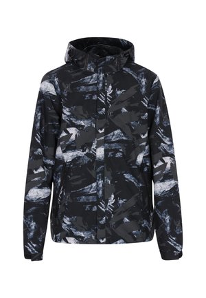 Chaqueta negra con patrones abstractos en blanco y gris, que cuenta con capucha, cremallera frontal y puños elásticos para un ajuste ceñido.