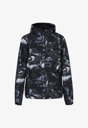 Čierna bunda s abstraktnými bielymi a sivými vzormi, vybavená kapucňou, zipsom vpredu a elastickými manžetami pre tesné priliehanie.