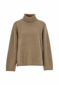 Ruskea pooloneule, joka on valmistettu pehmeästä neuloksesta. Se sisältää pitkät hihat, ribbauskauluksen ja rentoa istuvuutta mukavuutta varten.