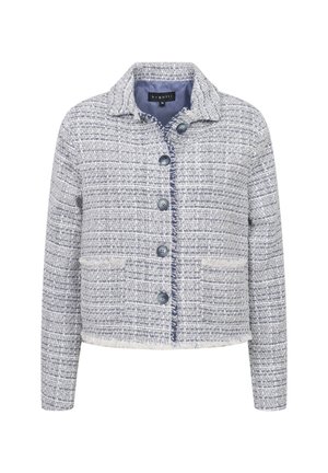 Textured jacket in light gray and navy blue, featuring a collared neckline, five buttons, and two front pockets. Frayed hem detailing present.