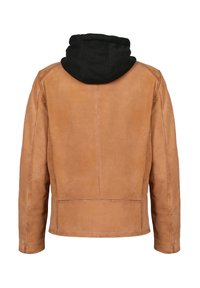 Giacca di pelle marrone con cuciture visibili e cappuccio in tessuto nero attaccato, vista da dietro su sfondo bianco.