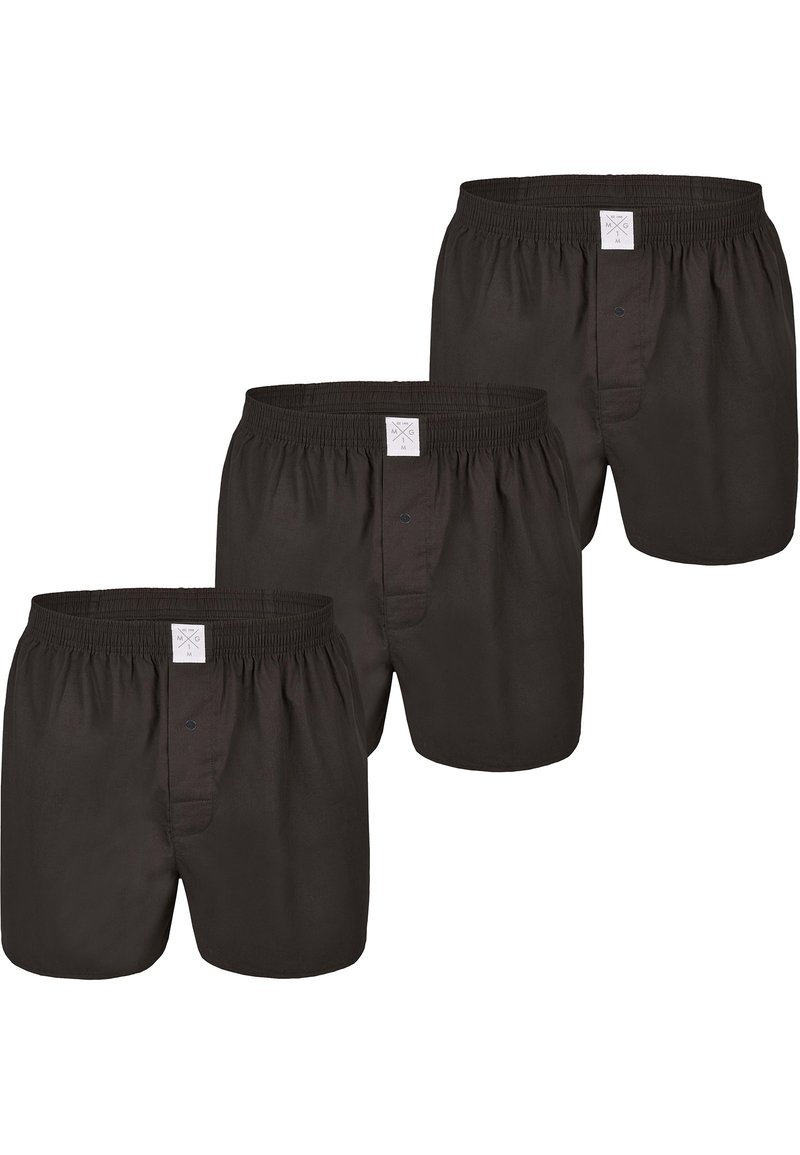 Zwarte katoenen boxershorts gepresenteerd in een set van drie. Kenmerken omvatten een elastische tailleband, knoopsluiting en een eenvoudig ontwerp. Geen patronen of extra accenten.