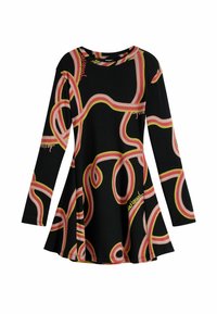 Svart långärmad klänning med utsvängd fåll, med ett rosa och gult spiralmönster samt textaccenter på framsidan och ärmen.