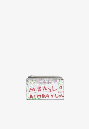 Metallic silver wallet with a crocodile texture, featuring colorful lettering and logos in red, pink, green, and blue. Zipper closure on top.