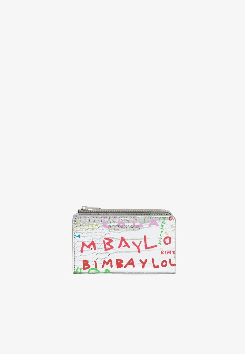 Metallic silver wallet with a crocodile texture, featuring colorful lettering and logos in red, pink, green, and blue. Zipper closure on top.