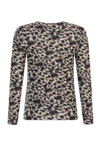 Top de manga larga con una tela texturizada que presenta un patrón de leopardo irregular en negro, crema y burdeos. Diseño de cuello redondo.