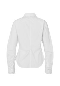 Chemise blanche à manches longues boutonnée, vue de dos, avec coutures ajustées et col classique.