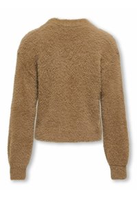 Brązowy, puszysty sweter o skróconym kroju, z długimi rękawami i okrągłym dekoltem. Miękka tekstura bez widocznych zapięć lub wzorów.