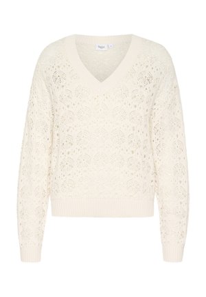 V-Ausschnitt Strickpullover in Creme mit einem offenen Spitzenmuster, gerippten Bündchen und Saum sowie einem leicht verkürzten Schnitt. Strukturmaterial durchgängig.