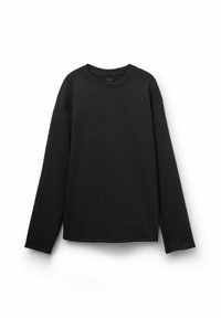 Schwarzes Langarm-Sweatshirt mit Rundhalsausschnitt, lockerer Passform und abfallenden Schultern. Hergestellt aus weichem Stoff mit glatter Textur.