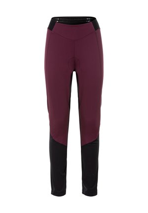 Leggings in deep burgundy with black accents. Features a high waistband, fitted silhouette, and reinforced stitching at the seat area.