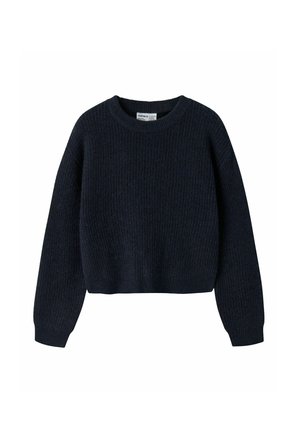 Pull en maille bleu marine foncé à col rond avec manches longues et poignets et ourlet côtelés.
