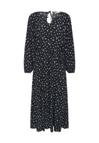 Navy dress with long sleeves, a V-neck, and floral print. Smocked waist with a tie detail at the back, flowing A-line silhouette.