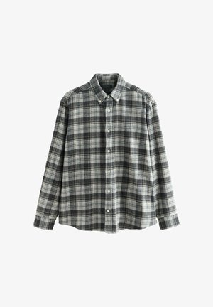 Langarm overhemd met een grijs en zwart ruitpatroon, knoopbare kraag en witte knopen aan de voorkant.