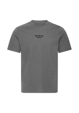 Grijs katoenen T-shirt met een ronde hals. Heeft zwarte tekst "UNLIMITED" en een rechte zoom. Korte mouwen met een gladde textuur.