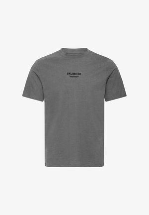 Grå bomulls-T-skjorte med rund hals. Har svart tekst "UNLIMITED" og rett nederkant. Korte ermer med jevn tekstur.