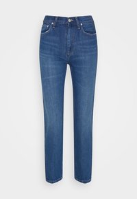 Blue denim jeans with a straight leg design, high waist, five pockets, metal button closure, and subtle fading across the fabric.
