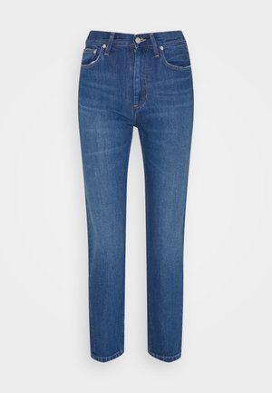 Blue denim jeans with a straight leg design, high waist, five pockets, metal button closure, and subtle fading across the fabric.