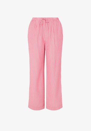 Pink and white vertical striped pants with an elastic waistband and front drawstring, featuring a loose, straight-leg fit.