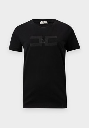 Svart bomull t-skjorte med kort erm og rund hals, med et tonalt logodesign på brystet. Glatt tekstur og klassisk passform.