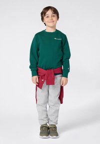 Felpa verde con logo, cintura rossa annodata, pantaloni della tuta grigi e scarpe da ginnastica verdi. Tessuto morbido, vestibilità casual, design dell'outfit a strati.