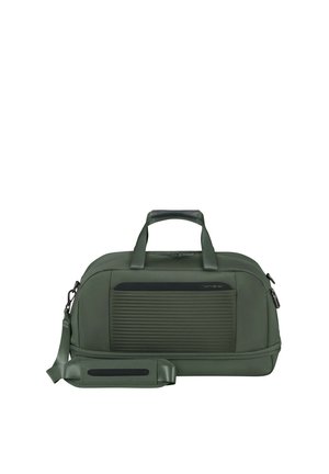 Grüne Softshell-Duffel-Tasche mit doppelten Griffen, verstellbarem Schultergurt, geripptem Frontpaneel und Reißverschluss-Schließungen, gebrandet von Samsonite.