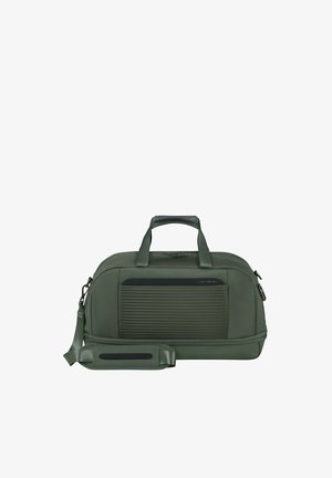 Grüne Softshell-Duffel-Tasche mit doppelten Griffen, verstellbarem Schultergurt, geripptem Frontpaneel und Reißverschluss-Schließungen, gebrandet von Samsonite.