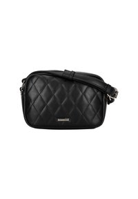 Sac pour le dos en cuir synthétique matelassé noir avec une bandoulière amovible et une plaque logo en métal. Texture lisse et forme rectangulaire.
