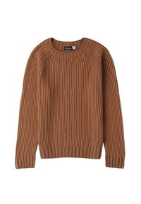 Bruine geribbelde breisweater met een ronde halslijn, lange mouwen en geribbelde manchetten en zoom. Textuurstof voegt diepte toe.