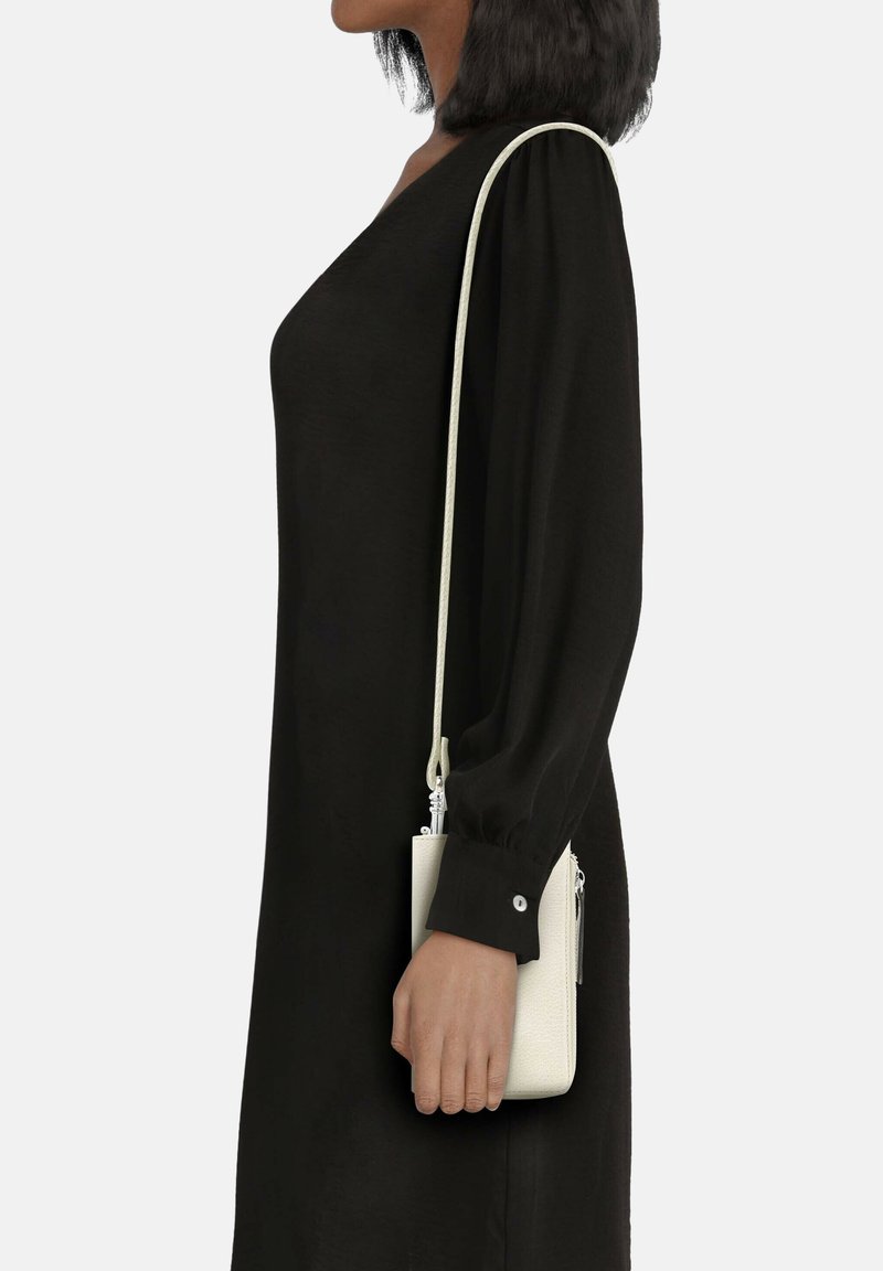 Cream crossbody bag with a textured finish and zipper, held by a person in a black dress with puffed sleeves, illuminated against a plain background.