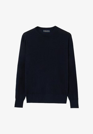 Marineblauwe ronde hals trui van zacht breiwerk, met lange mouwen en geribbelde boorden en zoom. Geen zichtbare patronen of hardwareaccenten.